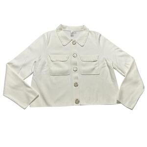 Joie White Knit Button Front Jacket Cardigan Cropped Pockets Size LARGE